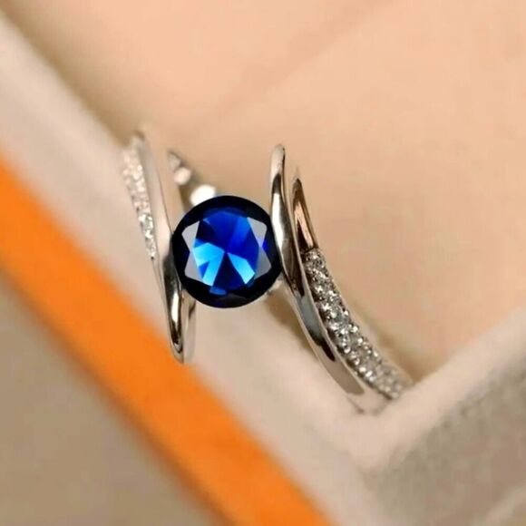 Unique Round Cut Crystal Ring Plated Sapphire and Zircons Size 8.5 - Picture 3 of 6